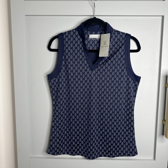 NWT PGA Tour Women's Size Medium Geo Print Navy Golf Shirt with Mandarin Collar - Picture 1 of 8